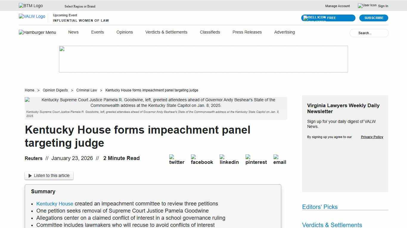 Kentucky House forms impeachment panel targeting judge Virginia Lawyers Weekly