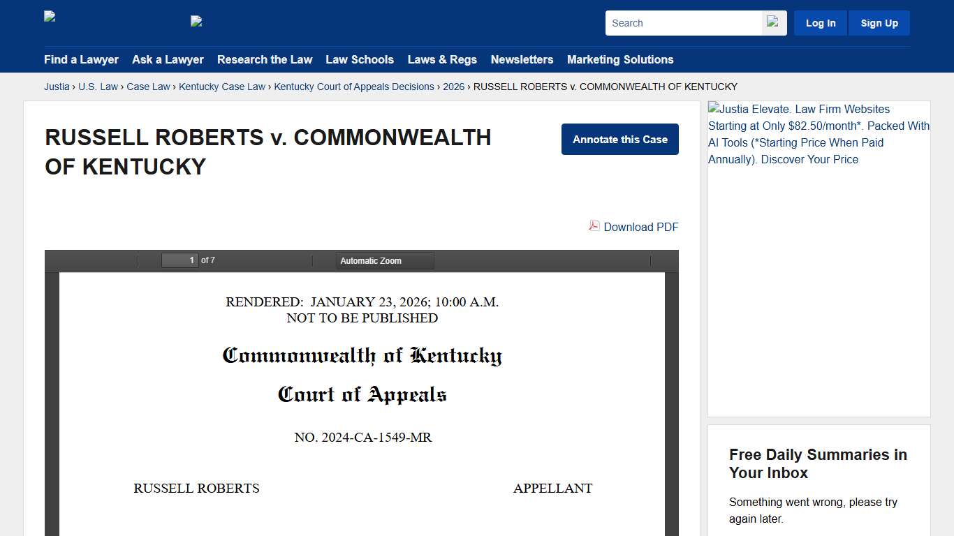 RUSSELL ROBERTS v. COMMONWEALTH OF KENTUCKY :: 2026 :: Kentucky Court of Appeals Decisions :: Kentucky Case Law :: Kentucky Law :: U.S. Law :: Justia
